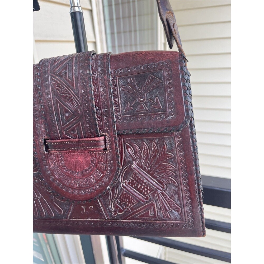 Vintage Mexican Aztec Mayan Tooled Brown Leather Handbag Purse Boho Hippie Vibe - Picture 5 of 16